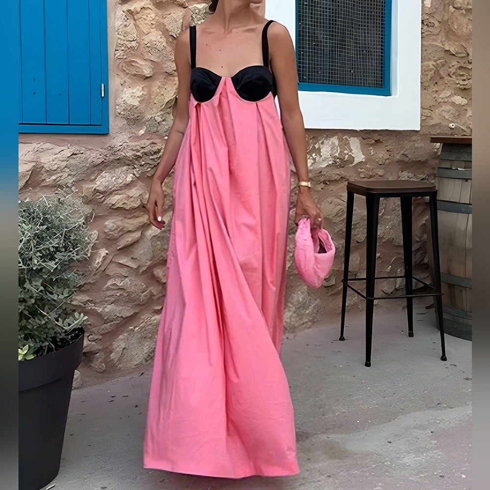 Commense Pink Strapless Maxi Dress with Black Bust